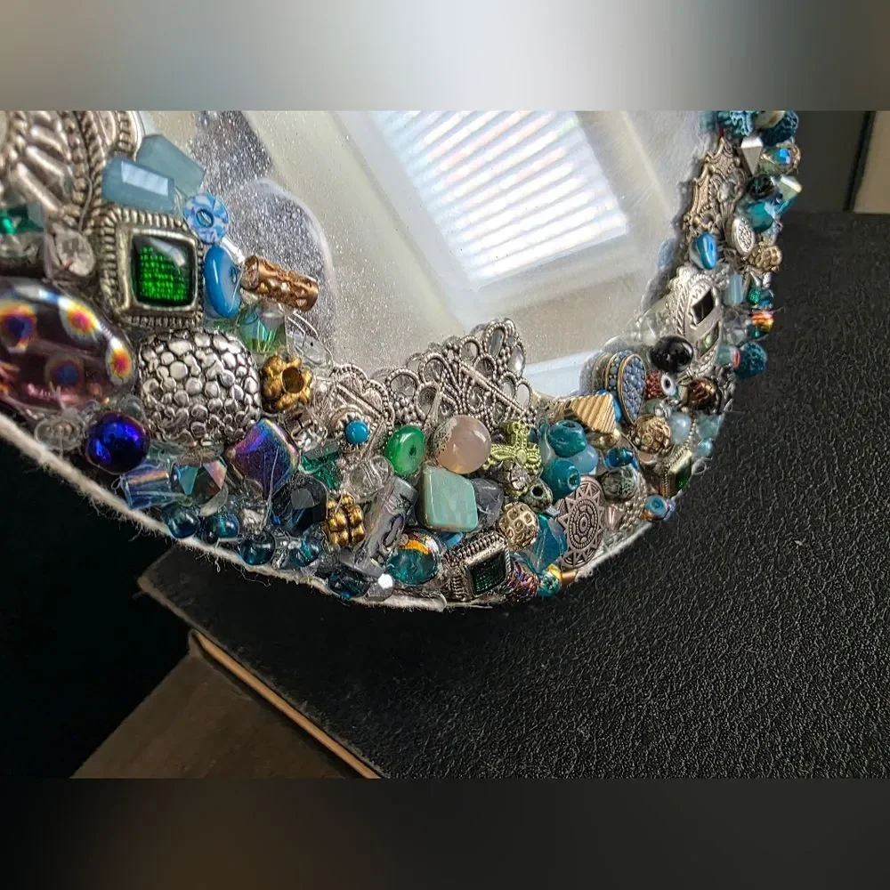 Handmade Jewelled Mirror Oval Wall Mirror Wall Art Bohemian 13x9x0.5'D